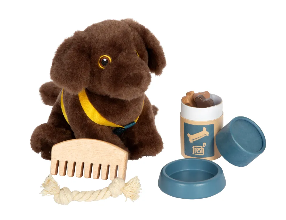 Hund mit Tasche und Pflege-Set