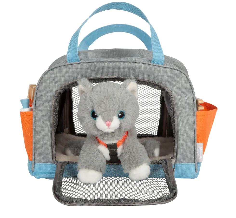 Katze mit Tasche und Pflege-Set