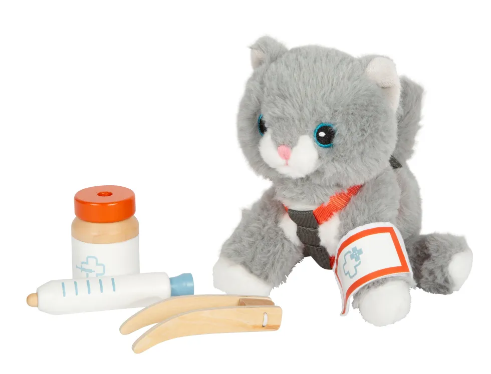 Katze mit Tasche und Pflege-Set