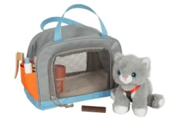 Katze mit Tasche und Pflege-Set