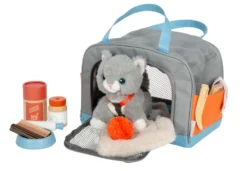 Katze mit Tasche und Pflege-Set