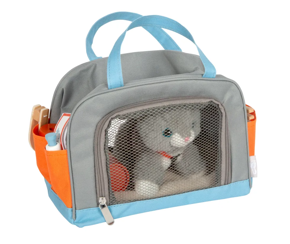 Katze mit Tasche und Pflege-Set