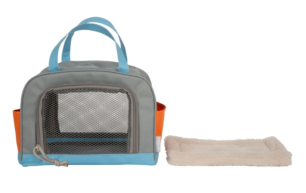 Katze mit Tasche und Pflege-Set